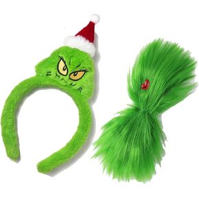 Atvscay Green Furry Hair Bow and Christmas Green Santa Headband Set, Green Monster Costume Accessories, Xmas Headband, Christmas Hair Clip