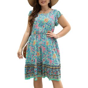 Keluummi Plus Size Dress for Curvy Women, Summer Casual Boho Floral Tiered Midi Graduation Sundress, Pocket, Flutter Sleeve