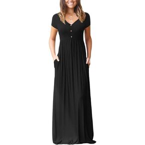 GRECERELLE Womens Long Maxi Dresses 2024 Short Sleeve V Neck Casual Summer Button Tshirt Dress with Pockets