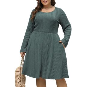Nemidor Womens Plus Size Scooped Neck Long Sleeve Ribbed Midi Swing Dress with Pocket NEM543 in Kuwait