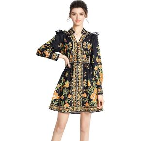 LAI MENG FIVE CATS Women's Floral Print V-Neck Button up Lantern Sleeve Casual Mini Dress