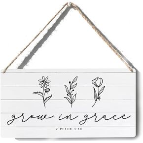 Bible Verse Sign Decor 2 Peter 3:18 Christian Wooden Sign Plaque Wall Hanging Posters Artwork 12"X6" Rustic Home Office Decoration