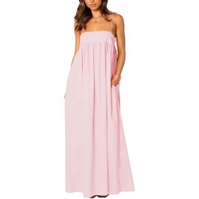 ebossy Women's Summer Backless Tied Spaghetti Straps Casual Loose Cutout Maxi Dress with Pockets