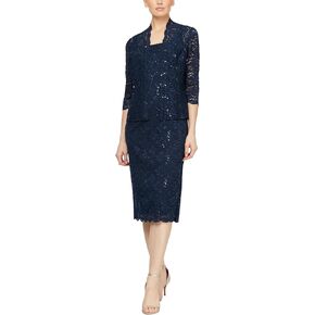 S.L. Fashions Women's Tea Length Sequin Lace Mother of The Bride Dress with Illusion Sleeve Jacket in Kuwait