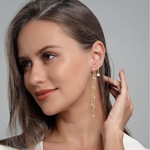 tewiky سلسلة أقراط ذهبية للنساء مجموعة أقراط سلسلة متدلية طويلة رائعة، طوق لا يسبب الحساسية مكعب زركونيا مسمار القرط المكدس، سلسلة أقراط متدلية مجوهرات عصرية للنساء 3 أزواج in Kuwait
