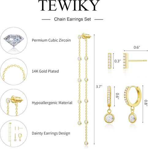 tewiky سلسلة أقراط ذهبية للنساء مجموعة أقراط سلسلة متدلية طويلة رائعة، طوق لا يسبب الحساسية مكعب زركونيا مسمار القرط المكدس، سلسلة أقراط متدلية مجوهرات عصرية للنساء 3 أزواج in Kuwait