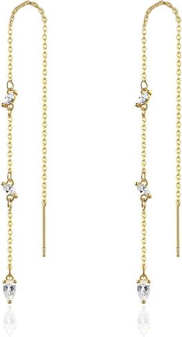 14k Gold Plated Simple Marquise and Teardrop Shaped Clear AAAAA Australia Cubic Zirconia Long Chain Threader Earrings Fashion Jewelry for Women & Teen Girls in Kuwait