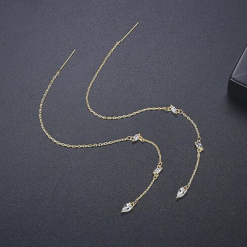 14k Gold Plated Simple Marquise and Teardrop Shaped Clear AAAAA Australia Cubic Zirconia Long Chain Threader Earrings Fashion Jewelry for Women & Teen Girls in Kuwait