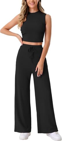 Allegra K Women's 2 Piece Casual Sets Crew Neck Sleeveless Crop Tank Wide Leg Pants Summer Lounge Set in Saudi Arabia