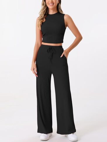 Allegra K Women's 2 Piece Casual Sets Crew Neck Sleeveless Crop Tank Wide Leg Pants Summer Lounge Set in Saudi Arabia