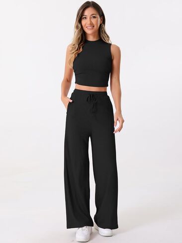 Allegra K Women's 2 Piece Casual Sets Crew Neck Sleeveless Crop Tank Wide Leg Pants Summer Lounge Set in Saudi Arabia