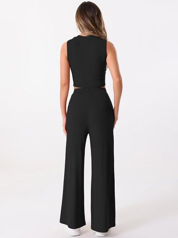 Allegra K Women's 2 Piece Casual Sets Crew Neck Sleeveless Crop Tank Wide Leg Pants Summer Lounge Set in Saudi Arabia