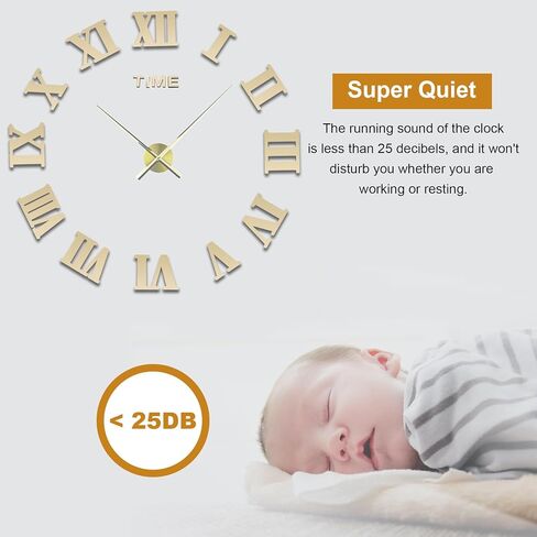LIDNADY ساعة حائط ذاتية الصنع، ساعة حائط ثلاثية الأبعاد بدون إطار، ملصق ديكور كبير بتصميم عصري طقم ساعة حائط DIY لغرفة النوم وغرفة المعيشة وديكورات المنزل، حجم قابل للتعديل وسهل التجميع (الذهب الروماني) in Kuwait