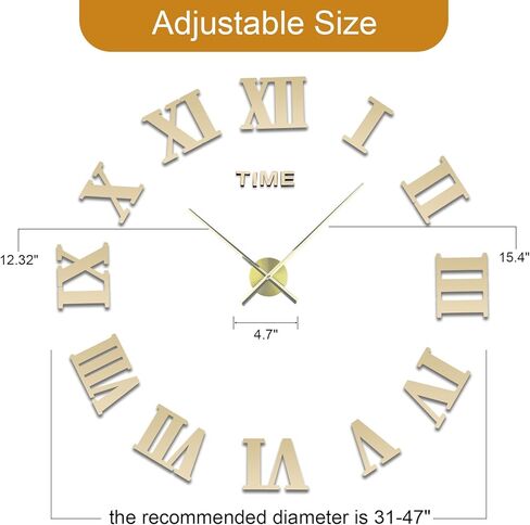 LIDNADY ساعة حائط ذاتية الصنع، ساعة حائط ثلاثية الأبعاد بدون إطار، ملصق ديكور كبير بتصميم عصري طقم ساعة حائط DIY لغرفة النوم وغرفة المعيشة وديكورات المنزل، حجم قابل للتعديل وسهل التجميع (الذهب الروماني) in Kuwait