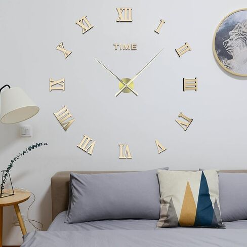 LIDNADY ساعة حائط ذاتية الصنع، ساعة حائط ثلاثية الأبعاد بدون إطار، ملصق ديكور كبير بتصميم عصري طقم ساعة حائط DIY لغرفة النوم وغرفة المعيشة وديكورات المنزل، حجم قابل للتعديل وسهل التجميع (الذهب الروماني) in Kuwait