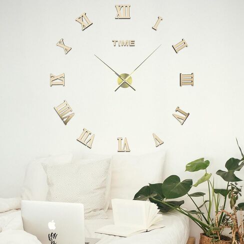 LIDNADY ساعة حائط ذاتية الصنع، ساعة حائط ثلاثية الأبعاد بدون إطار، ملصق ديكور كبير بتصميم عصري طقم ساعة حائط DIY لغرفة النوم وغرفة المعيشة وديكورات المنزل، حجم قابل للتعديل وسهل التجميع (الذهب الروماني) in Kuwait