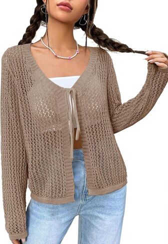 Womens Lightweight Crochet Cardigan Tie Front Shrugs Knit Crop Tops in Kuwait