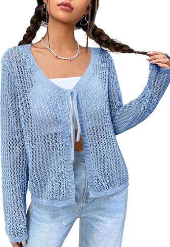 Womens Lightweight Crochet Cardigan Tie Front Shrugs Knit Crop Tops in Kuwait