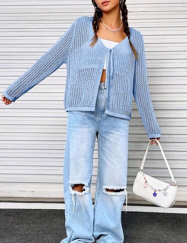Womens Lightweight Crochet Cardigan Tie Front Shrugs Knit Crop Tops in Kuwait