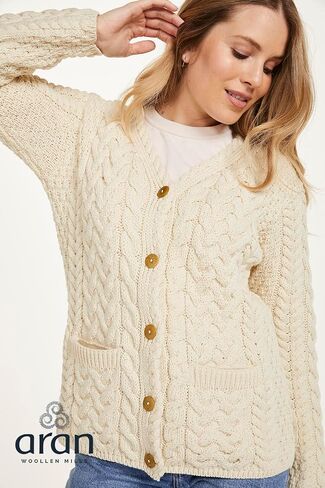 Aran Woollen Mills Women's Cardigan 100% Merino Wool Sweater Cable Knit Made in Ireland in Saudi Arabia