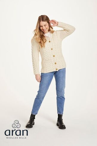 Aran Woollen Mills Women's Cardigan 100% Merino Wool Sweater Cable Knit Made in Ireland in Saudi Arabia