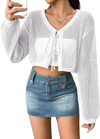 Womens Lightweight Crochet Cardigan Tie Front Shrugs Knit Crop Tops in Kuwait