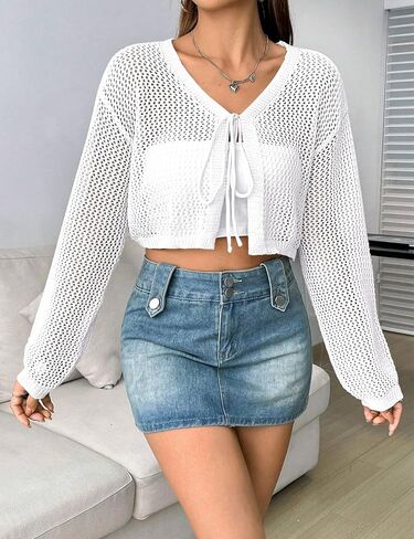 Womens Lightweight Crochet Cardigan Tie Front Shrugs Knit Crop Tops in Kuwait