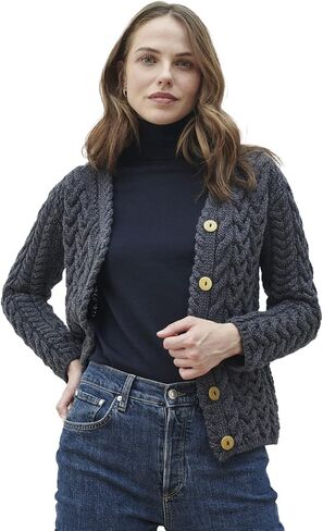 Aran Woollen Mills Women's Cardigan 100% Merino Wool Sweater Cable Knit Made in Ireland in Saudi Arabia
