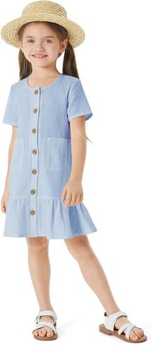 PATPAT Girls Casual Dress Short Sleeve Summer Dresses Button Down Solid Sundress with Pockets 3-12Year in Saudi Arabia