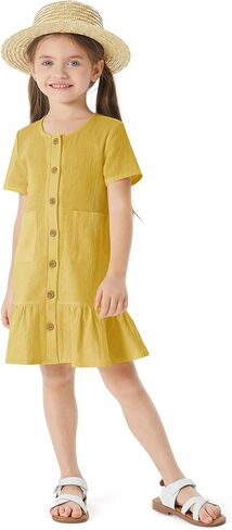 PATPAT Girls Casual Dress Short Sleeve Summer Dresses Button Down Solid Sundress with Pockets 3-12Year in Saudi Arabia