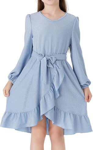 PATPAT Girls Long Sleeve Dress V Neck A-Line Solid Party Flowy Dresses Girl Ruffle Casual Dress with Belt for 5-12 Years in Saudi Arabia