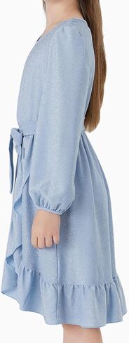 PATPAT Girls Long Sleeve Dress V Neck A-Line Solid Party Flowy Dresses Girl Ruffle Casual Dress with Belt for 5-12 Years in Saudi Arabia