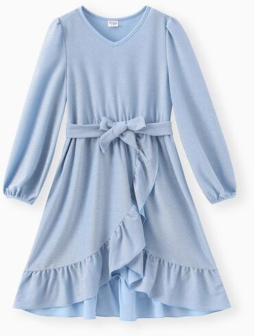 PATPAT Girls Long Sleeve Dress V Neck A-Line Solid Party Flowy Dresses Girl Ruffle Casual Dress with Belt for 5-12 Years in Saudi Arabia