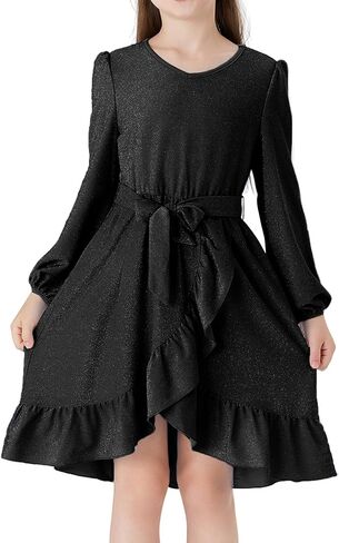 PATPAT Girls Long Sleeve Dress V Neck A-Line Solid Party Flowy Dresses Girl Ruffle Casual Dress with Belt for 5-12 Years in Saudi Arabia