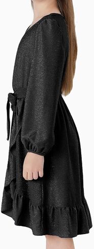 PATPAT Girls Long Sleeve Dress V Neck A-Line Solid Party Flowy Dresses Girl Ruffle Casual Dress with Belt for 5-12 Years in Saudi Arabia