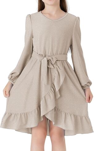 PATPAT Girls Long Sleeve Dress V Neck A-Line Solid Party Flowy Dresses Girl Ruffle Casual Dress with Belt for 5-12 Years in Saudi Arabia