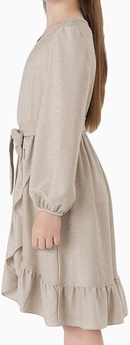PATPAT Girls Long Sleeve Dress V Neck A-Line Solid Party Flowy Dresses Girl Ruffle Casual Dress with Belt for 5-12 Years in Saudi Arabia