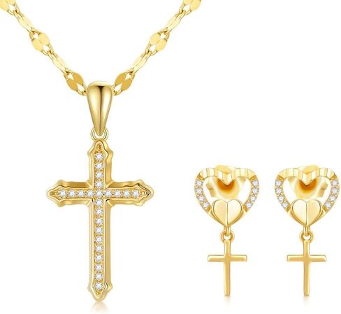 مجموعة قلادة من الذهب عيار 14 قيراط مرصعة بالألماس وقلادة على شكل سلسلة شفة وأقراط متدلية على شكل صليب على شكل قلب للنساء المراهقات in Kuwait