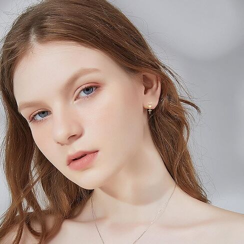 مجموعة قلادة من الذهب عيار 14 قيراط مرصعة بالألماس وقلادة على شكل سلسلة شفة وأقراط متدلية على شكل صليب على شكل قلب للنساء المراهقات in Kuwait