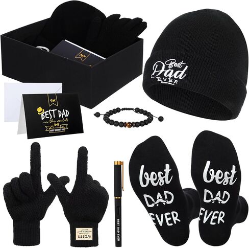 Geyoga 8 Pack Dad Gift Set Best Dad Gifts for Dad Birthday Gifts for Dad Funny Dad Beanie Socks Gloves Bracelets Pen Cards for Men Father Papa Gifts from Son Daughter Kids Black in Saudi Arabia