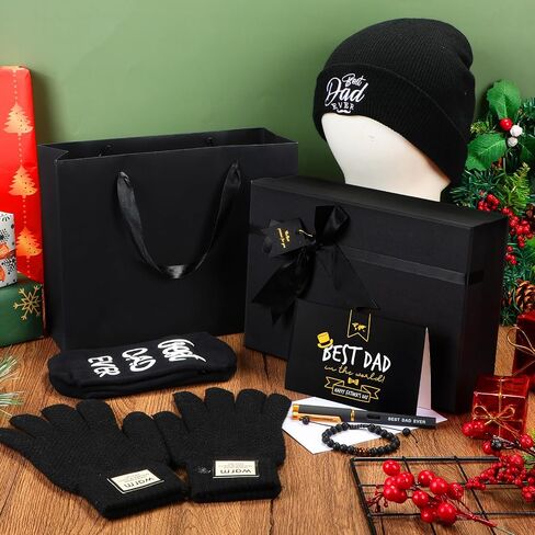 Geyoga 8 Pack Dad Gift Set Best Dad Gifts for Dad Birthday Gifts for Dad Funny Dad Beanie Socks Gloves Bracelets Pen Cards for Men Father Papa Gifts from Son Daughter Kids Black in Saudi Arabia