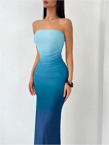 فستان MakeMeChic طويل بدون حمالات للنساء، فستان كوكتيل شبكي متدرج اللون، فساتين أنبوبية in Kuwait