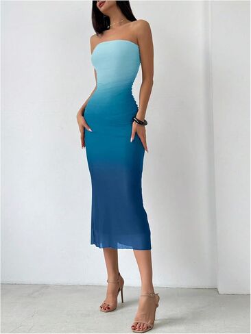 فستان MakeMeChic طويل بدون حمالات للنساء، فستان كوكتيل شبكي متدرج اللون، فساتين أنبوبية in Kuwait