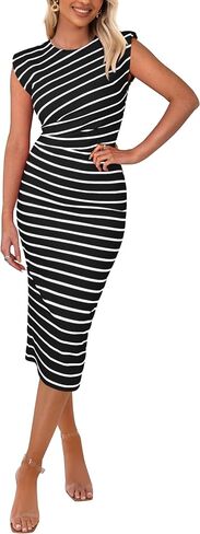 PRETTYGARDEN Women's 2025 Summer Striped Dress Casual Sleeveless Crewneck Shoulder Pads Knit Bodycon Split Midi Dresses in Saudi Arabia