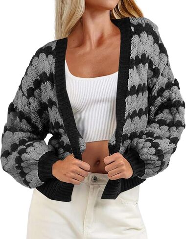 Saodimallsu Womens Cropped Cardigan Striped Open Front Long Lantern Sleeve Color Block Loose Chunky Knit Sweater Coat in Saudi Arabia