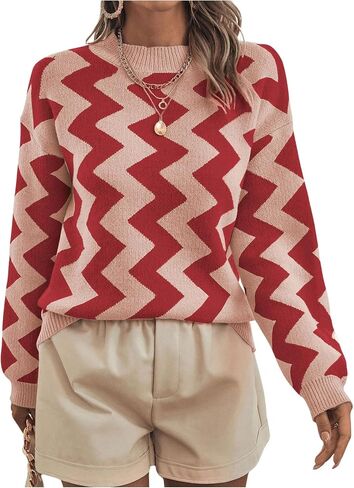 GORGLITTER Women's Chevron Striped Sweater Long Sleeve Crewneck Pullover Knit Top in Saudi Arabia