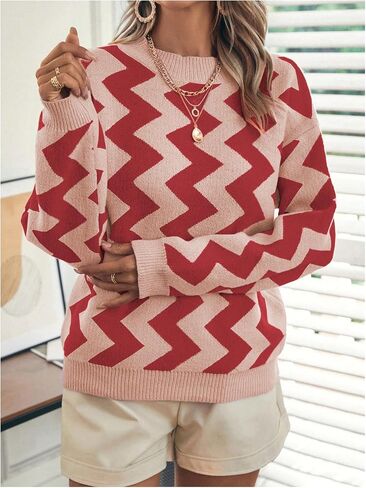 GORGLITTER Women's Chevron Striped Sweater Long Sleeve Crewneck Pullover Knit Top in Saudi Arabia