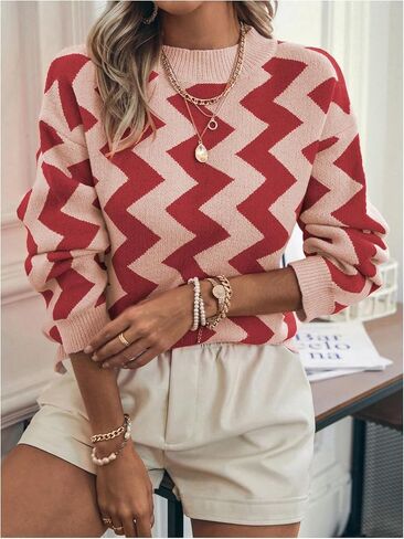 GORGLITTER Women's Chevron Striped Sweater Long Sleeve Crewneck Pullover Knit Top in Saudi Arabia