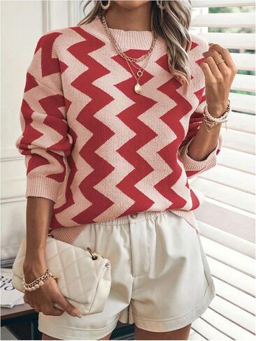 GORGLITTER Women's Chevron Striped Sweater Long Sleeve Crewneck Pullover Knit Top in Saudi Arabia