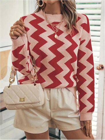 GORGLITTER Women's Chevron Striped Sweater Long Sleeve Crewneck Pullover Knit Top in Saudi Arabia